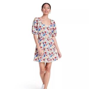 Rixo x Target Linen Floral Puff Sleeve Button Front Summer Skater Dress sz 8
